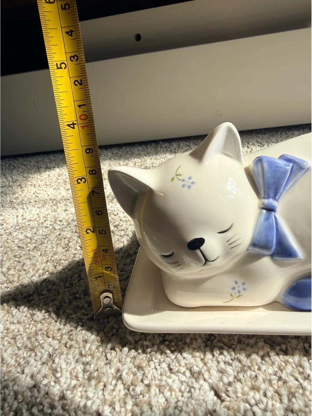 Vintage Otagiri Ceramic Sleeping Cat Trinket Dish with Blue Bow